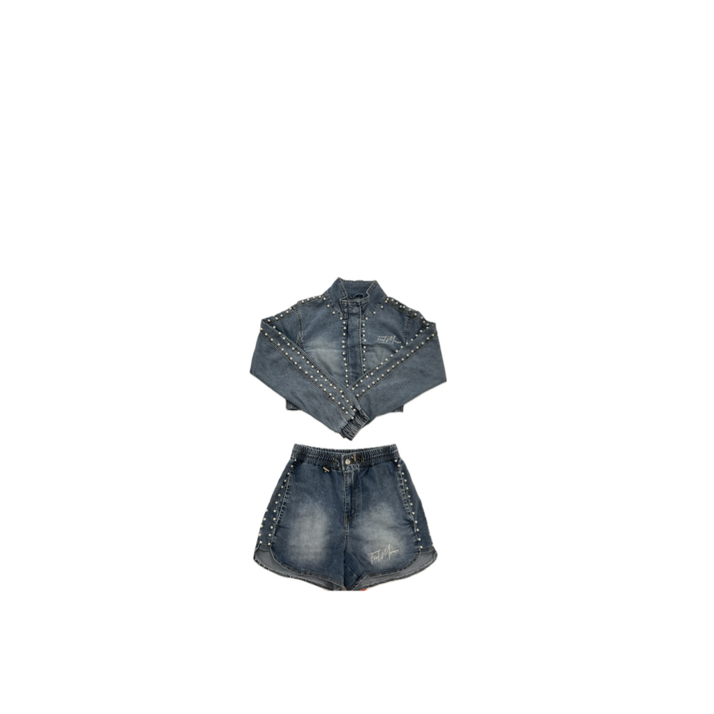 LADIES DENIM AND PEARLS SHORT SET